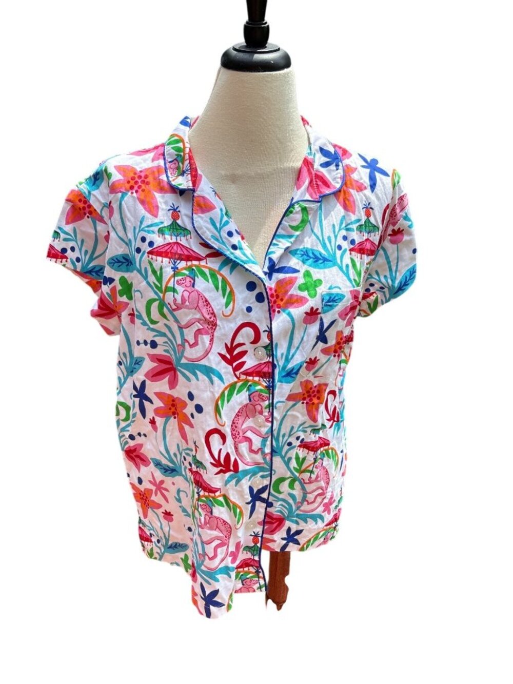 Womens XL Pajama Top Colorful Monkey & Floral Print 100% Cotton Sateen